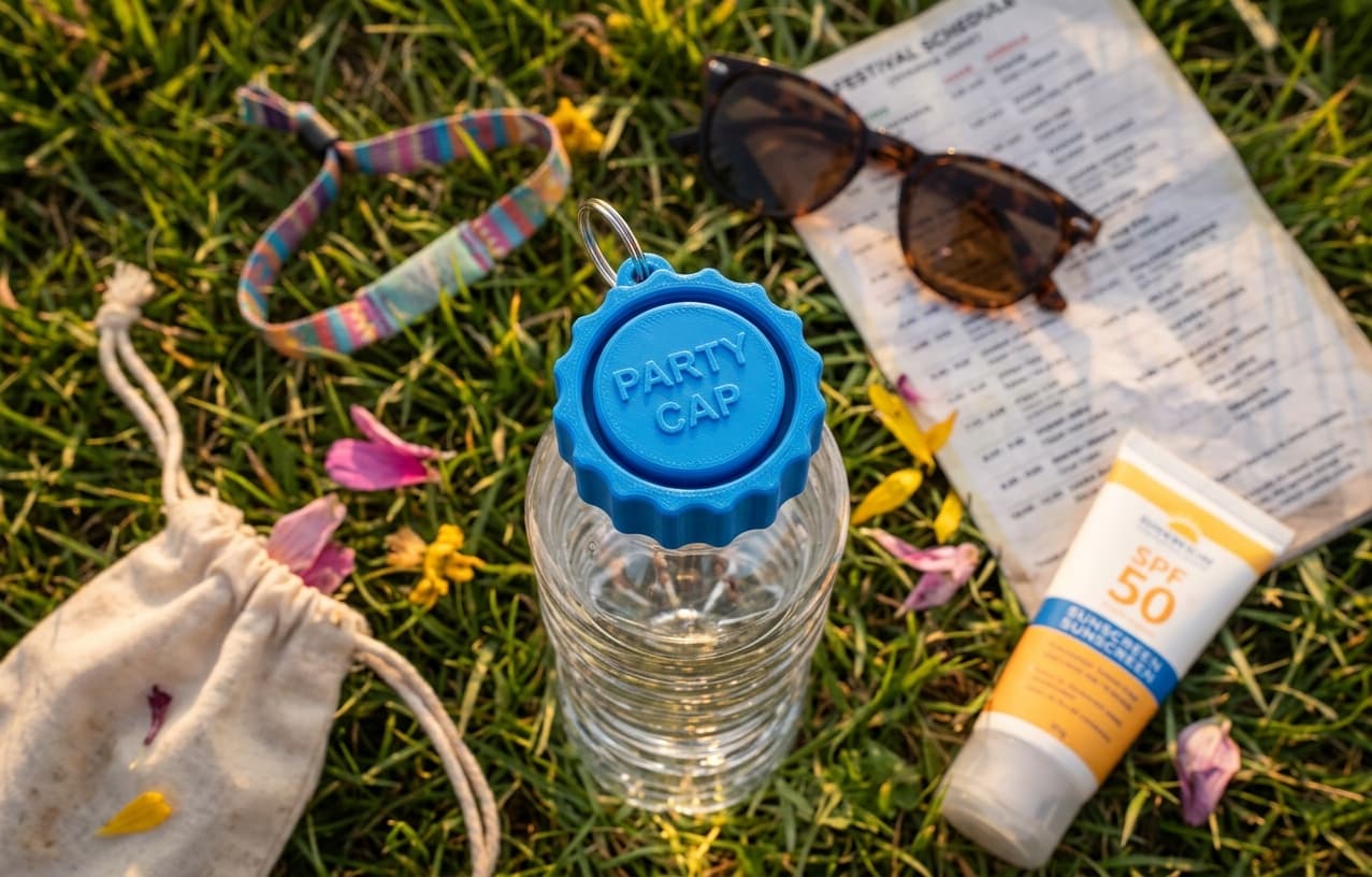 Blauwe Party-cap festivaldop met logo op een waterflesje in het gras, met festival-essentials zoals zonnebril en polsbandje