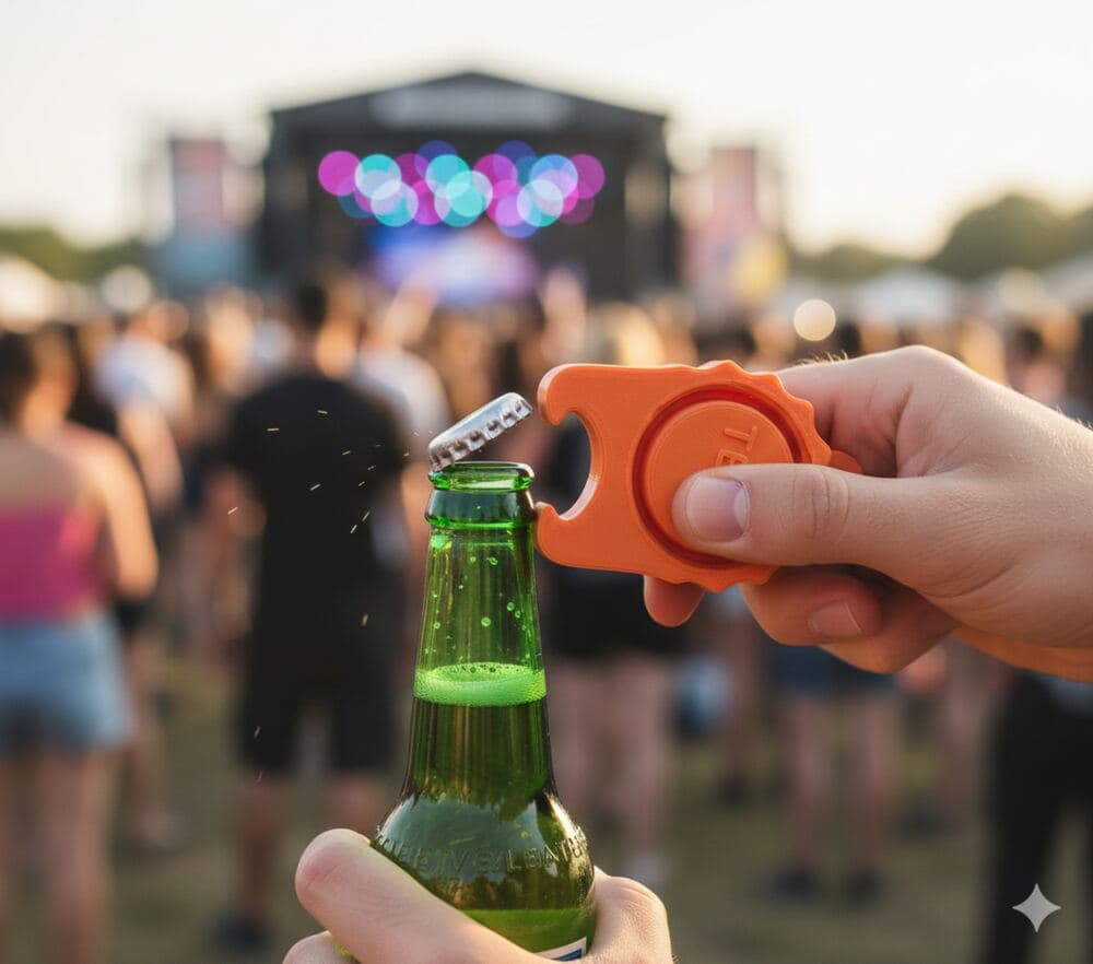 Hand met oranje Party-cap bieropener die een biertje openmaakt op een festivalterrein