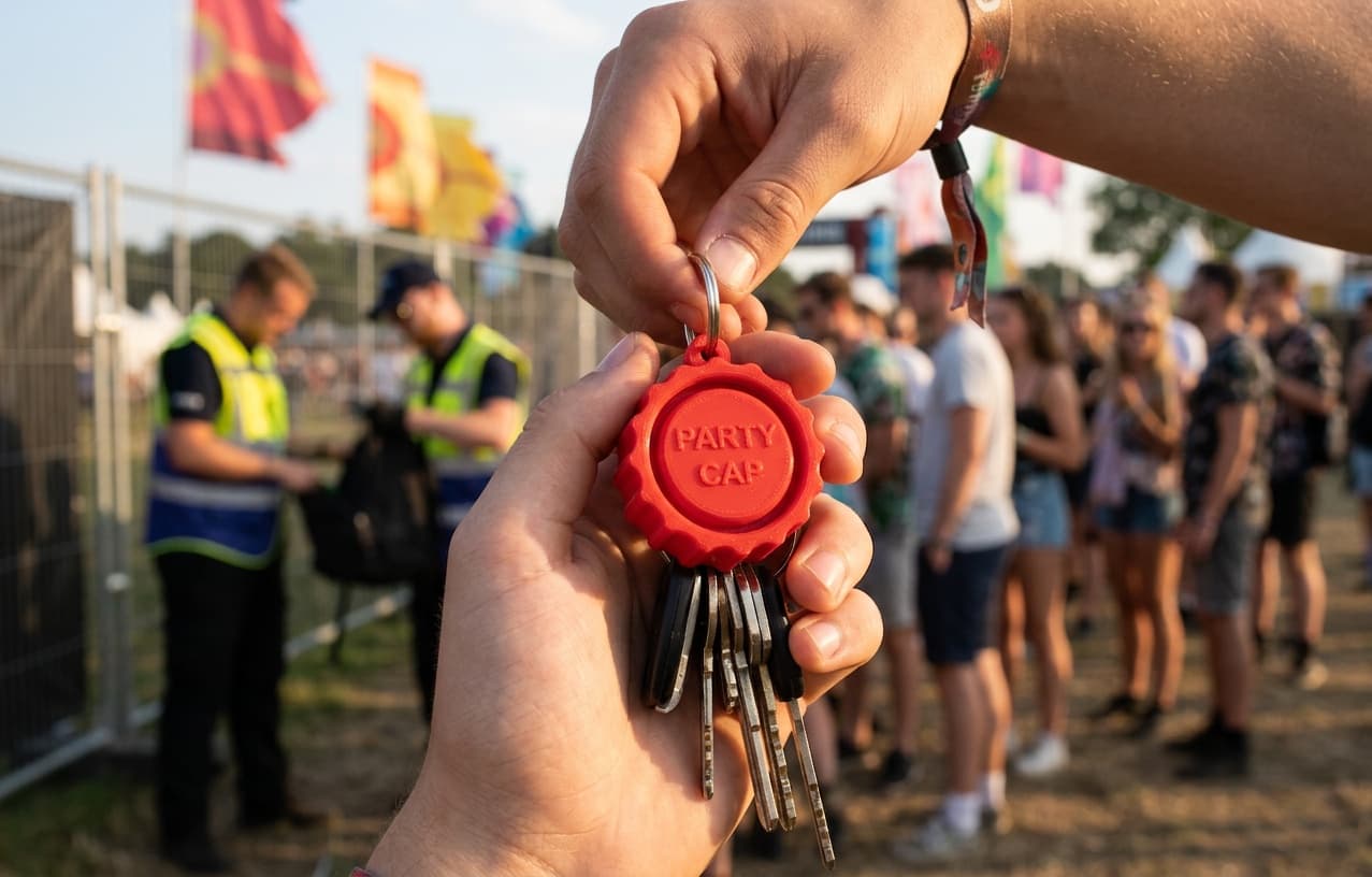 Partycap festivaldop aan een sleutelbos bij de festivalingang